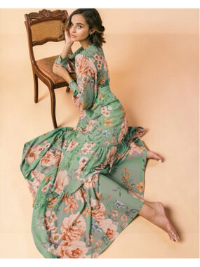 Flying Tomato Sage Floral Wrap Maxi Dress, S, Romantic Cottagecore Boho